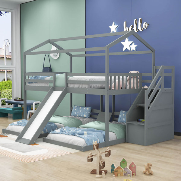 Harriet Bee Full Over Twin & Twin Wooden Triple / Quad Bunk Bed with Slide and Storage Wayfair